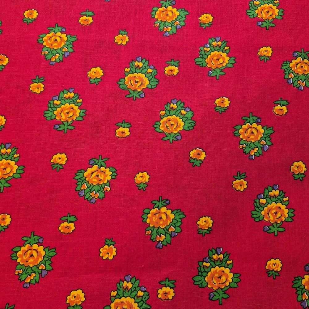 Bright Yellow and Green Flower Bou on Bright Red Cotton Fabric 1 3/4 Yards